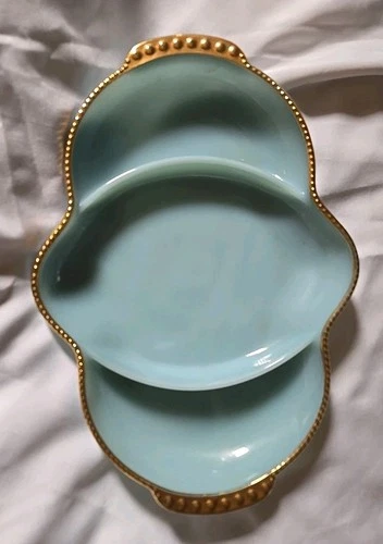 Vintage AnchorHocking - Fire King -Turquoise Blue -Gold Trim Divided Relish Dish