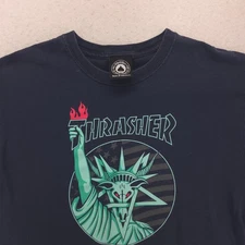 Thrasher Magazine Casual Crew Neck Graphic T Shirt Mens Size Medium M Navy