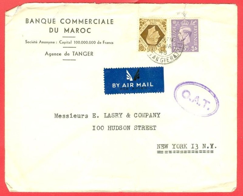 UK GB KGVI 1/ + 3d on TANGIER Cancel OAT Censor cover to USA 1948