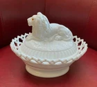 Vintage Atterbury Milk Glass Lion Sitting on Sailor Boy Base Covered Dish