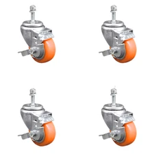 3 Inch SS Orange Poly Wheel Swivel 3/8 Inch Threaded Stem Caster Set Brake