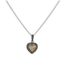 Sterling Silver & Pink Mother of Pearl Heart Pendant w Marcasite 16 - 24 Inches