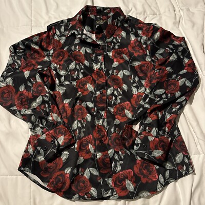 Senor De Los Cielos Large Floral Red Roses Long Sleeve Shirt/ Silky