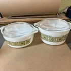 Vintage Pyrex 1 1 /2 PT  1 QT  #472 473 Verde Green Flower Dishes W/ Lids