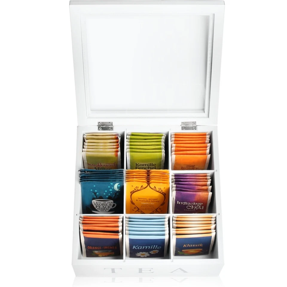 Teebox 9 Fächer Teekiste Holz Teekiste weiß Tee Dose Teebeutel Deko Aufbewahrung - Bild 4 von 4