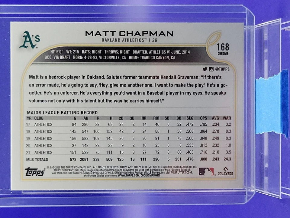 Matt Chapman 2022 Topps Chrome Black/White RayWave Refractor SP 🔥 Athletics - Image 2 of 2