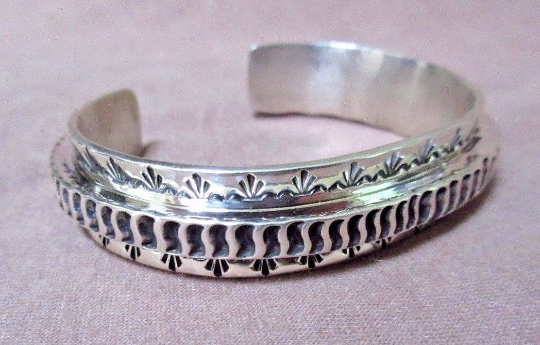 Native Navajo Heavy Hand Tooled Sterling Cuff Bracelet by Leroy