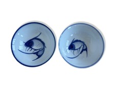 Set of 2 Vintage Chinese Koi Fish Hand Painted Blue & White Bowls 7"