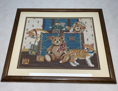 Vintage Three Kittens Cat Bears Needlepoint Framed and Matted under Glass
