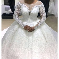 Elegant V-Neck Wedding Dresses Lace Long Sleeve Muslim A Line Bridal Gowns