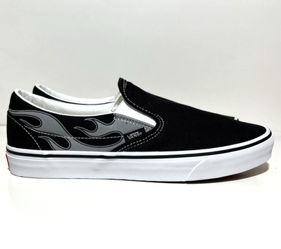 Vans Slip On Mens Size 9 Reflective Flames Black White Skateboarding EDM Casual