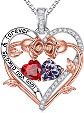 Rose Heart Double Birthstone Necklace Gifts for Wife Girlfriend Her Women, Birth