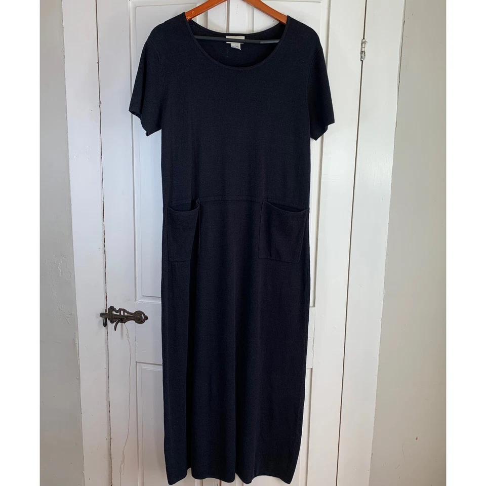 J Jill черный льняной хлопок коротким рукавом вязаный макси длинное платье карманы большой скромный - Изображение 2 из 4