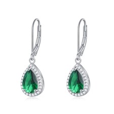 925 Sterling Silver Created Emerald Dangle Drop Earrings Green Cz Teardrop Dangl