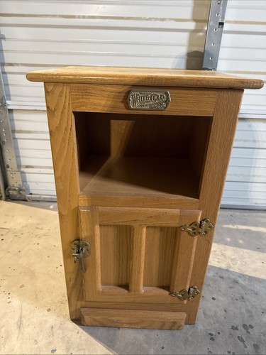 White Clad Wooden Ice Box Single Door Brass Hardware Brown Freestanding Cabinet