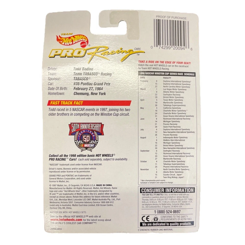 Todd Bodine #35 Hot Wheels Pro Racing 1998 edición de vista previa fundido a presión 1:64 Foto 2 de 2
