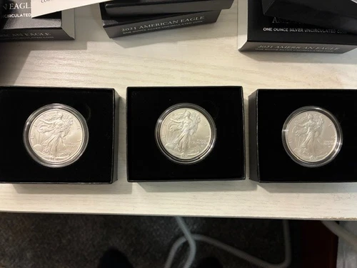 3 Ounces of Uncirculated 2021 Silver American Eagles - 3 Coins in Boxes with COA
