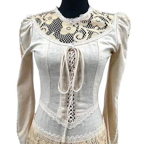 OFF WHITE Maxi abito Gunne Sax vintage anni 60 bianco sporco panna pizzo matrimonio boho corsetto davanti