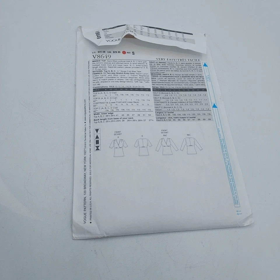 Vogue Sewing Pattern V8649 Misses Pullover Top Size 8-14 - Image 2 of 3