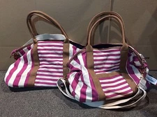 Lot Of 2 Stylish Plastic & Canvas Reusable Tote Bags Pink With White Stripe  XL