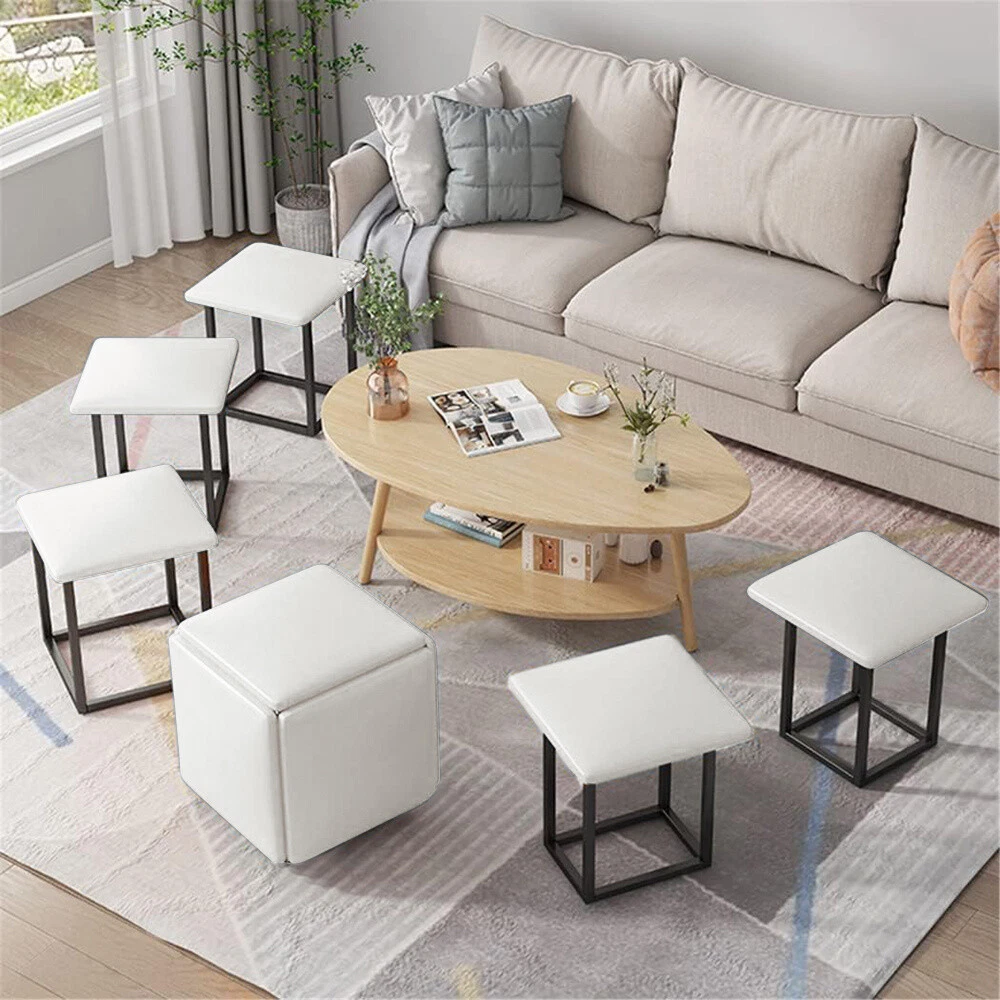 5 in 1 PU Linen Storage Ottoman Cube Pouffe Storage Stackable