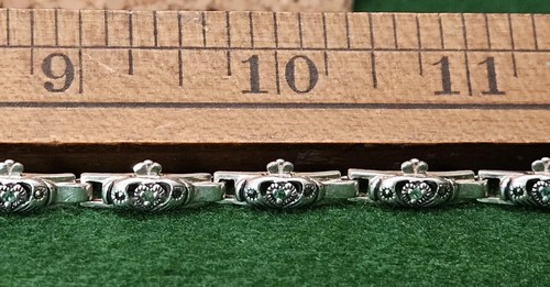 Vintage IRELAND 925 Silver Claddagh Tennis Bracelet w Marcasites & Green Stones - Picture 13 of 17