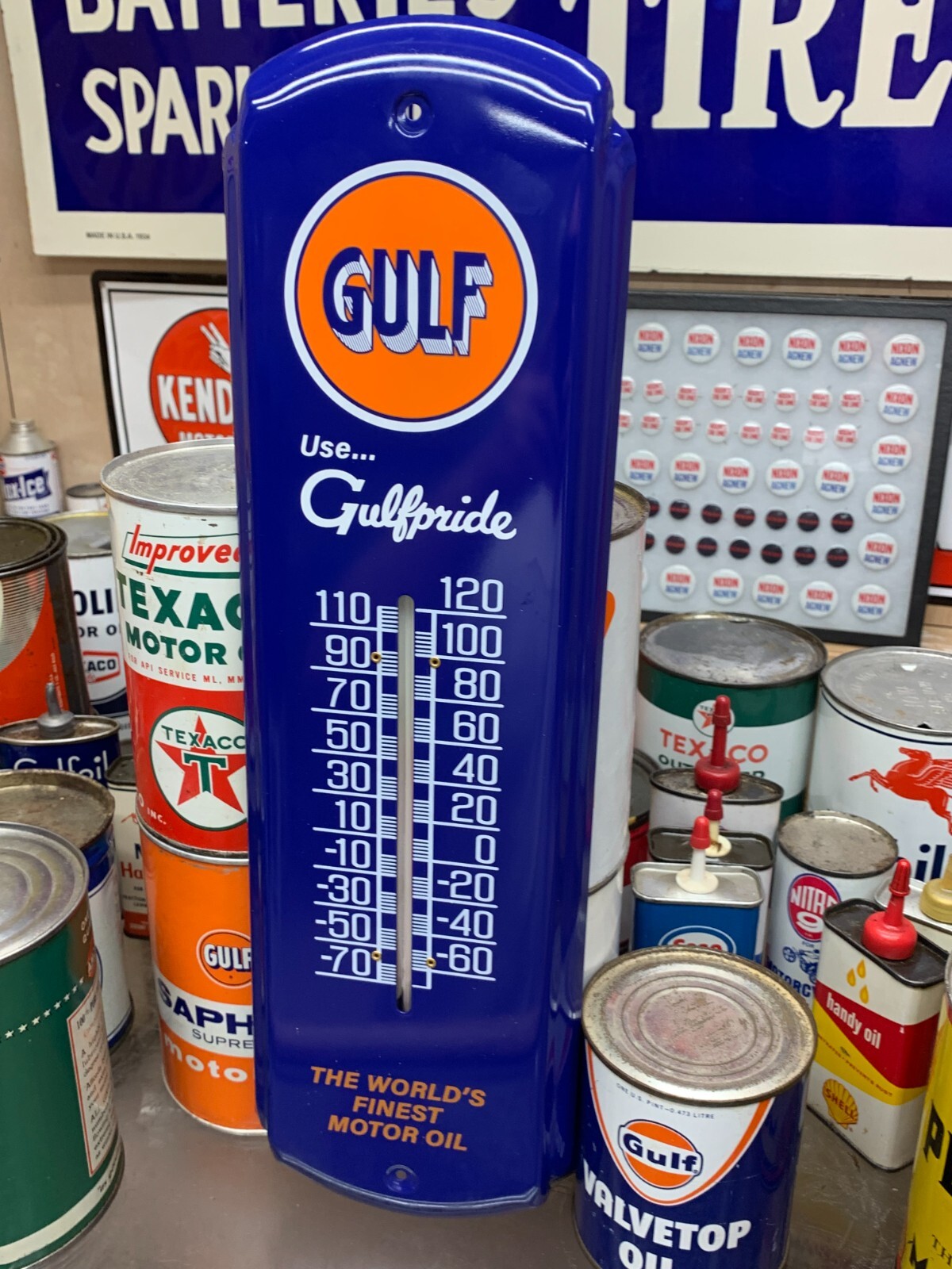 "GULF MOTOR OIL" METAL ADVERTISING THERMOMETER, (17"x 5") NEW IN BOX eBay
