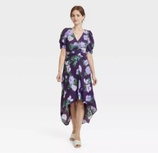 A New Day Crepe Short Sleeve V-neck Midi Dress size S - Purple/Flowers - NEW