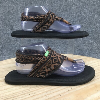 Sanuk Sandals Womens 10 Yoga Sling 2 Flat Thong Slingback Brown Fabric Geometric