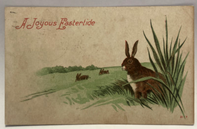 1910 A Joyous Eastertide, Bunny Rabbits, Meadow, Vintage Postcard
