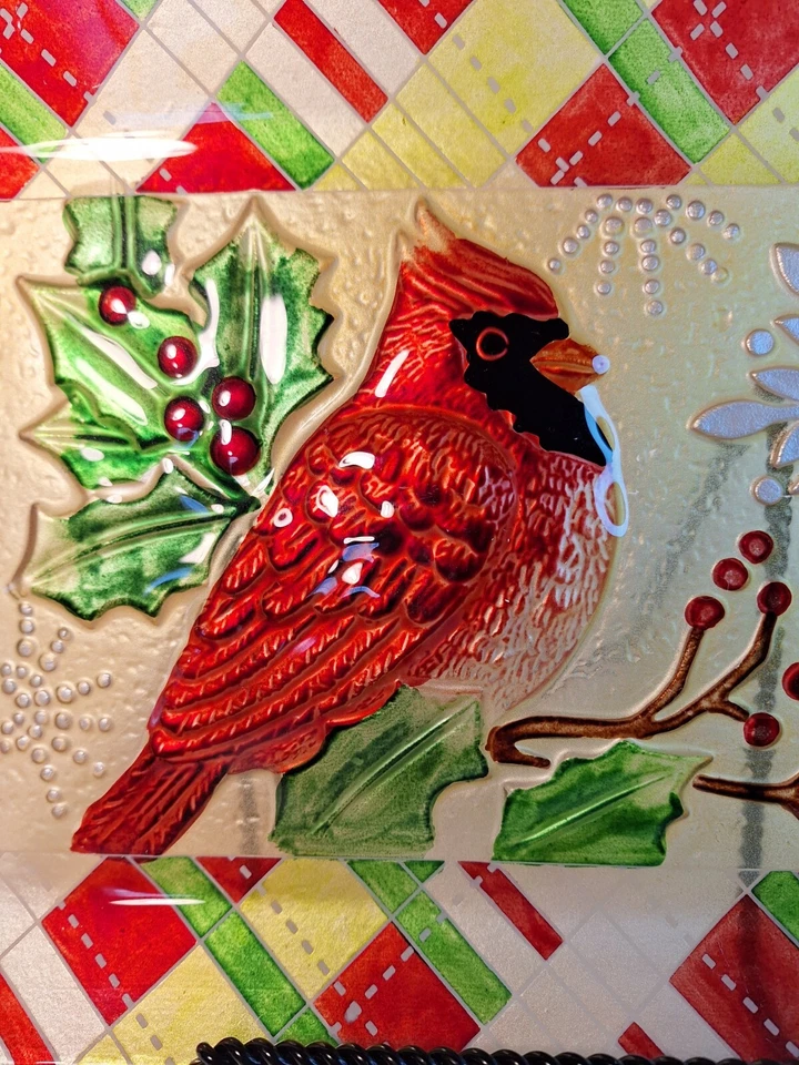 Christmas Cardinal Decorative Glass Embossed Platter. " Winter Lodge" - Image 3 of 4