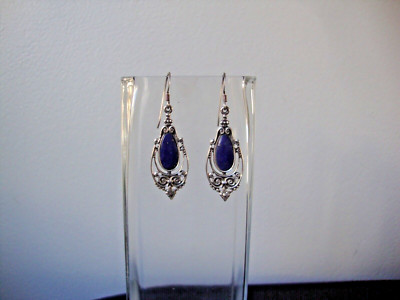 VINTAGE OPENWORK ARABESQUE TEARDROP W/ INLAID LAPIS SILVER 925 DANGLE EARRINGS