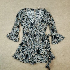 Free People Romper Womens Small Blue V-Neck Wrap Long Sleeves Buttons