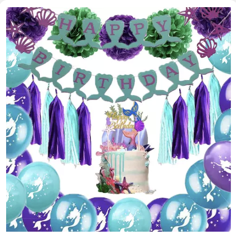 Mermaid Party Balloons Set Cake Topper Birthday Pom Poms Paper Tassel Supplies - Picture 1 of 1