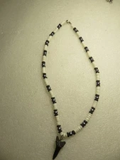 Vintage Pukka Shell, Black Pearls Beaded Necklace With Dinosaur Shark Tooth 16"