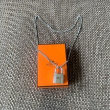 HERMES Men Padlock Necklace Genuine No.107 Silver Tone Rare Vintage Used Good JP