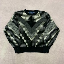 Vintage abstract knitted jumper Patterned Grandad chunky knit sweater Men's L