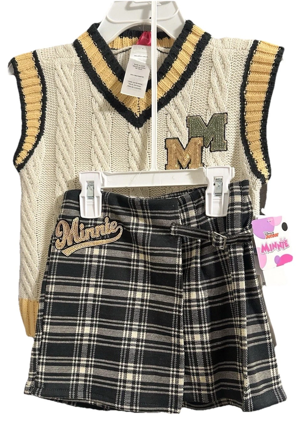 Disney Jr Minnie Mouse Girls Skort & Vest Size 5 Cream & Green Plaid