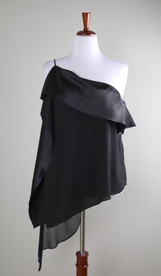 HALSTON HERITAGE NWT $250 Solid Black Satin Ruffle One Shoulder Top Size 14