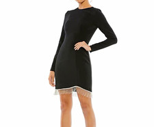 Ieena for Mac Duggal Black Long Sleeve Fringe Beaded Dress 2 NWT