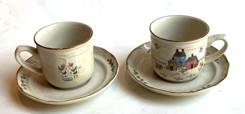 Vintage International Stoneware Heartland Cups and Saucers 2 Sets Village Japan