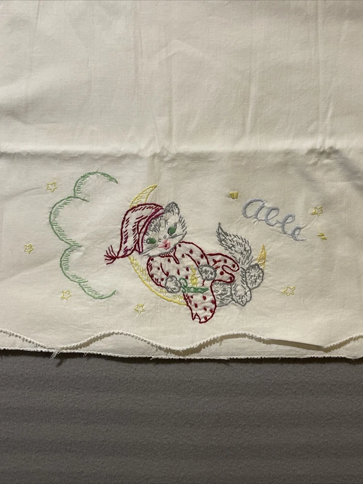 2 Винтажных 1940-х Вышитых Руками Наволочки с Котятами Willing & Able Moon Stars Read - Изображение 2 из 4