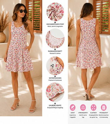 Sommerkleid Damen Viskose Kleid mit Taschen Leicht Luftig Casual Floral Leo