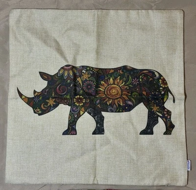Boho Rhino Pillow Cover 17x17 Linen Look Homan Floral Animal Throw Cushion Case - Image 1 of 4
