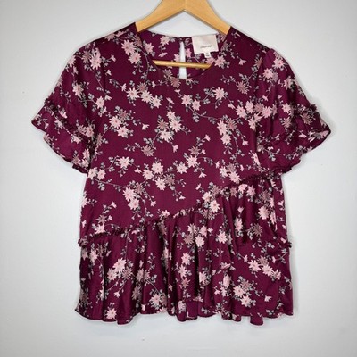 Cinq a Sept Womens XS Burgundy Floral 100% Silk Ruffle Asymmetrical Peplum Top