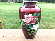 CLOISONN�  Sterling Silver vase Maroon Floral 7 1/4? Japanese Fine Enamel