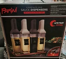 Parini 4 Piece Auto-pour Sauce Dispensers W/Acacia Wood Tray New In Box