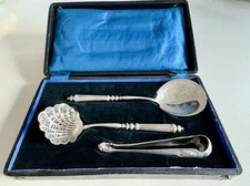 Antique French Silver 3 Dessert Serving Set-Berry Spoon, Sugar Sifter, Tongs