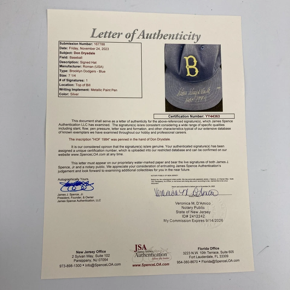 Don Drysdale "HOF 1984" Firmado Brooklyn Dodgers Juego Modelo Gorra de Béisbol JSA Foto 4 de 4