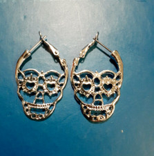 Sugar Skull Day of the Dead Hoop Earrings Silver Tone Open Design Halloween Goth